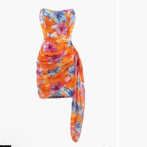 NWT Floral Print Wrap Ruched Strapless Mini Dress
